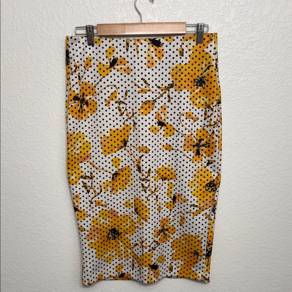 ECI Yellow Floral and Black Polka Dot Pencil Skirt